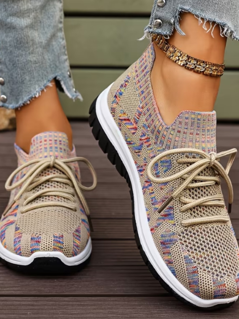 Breathable Knit Lace-Up Sneakers - Beige Multicolor